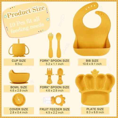 Silicone Baby Feeding Set 10 Pcs Baby Led Weaning Supplies Suction Bowl Divided Plate Baby Bibs Fruit feeder Pacifier Baby Spoons Forks Sippy Cup Utensil Sets Baby Essentials for Newborn Gift Yellow - Thumbnail 2