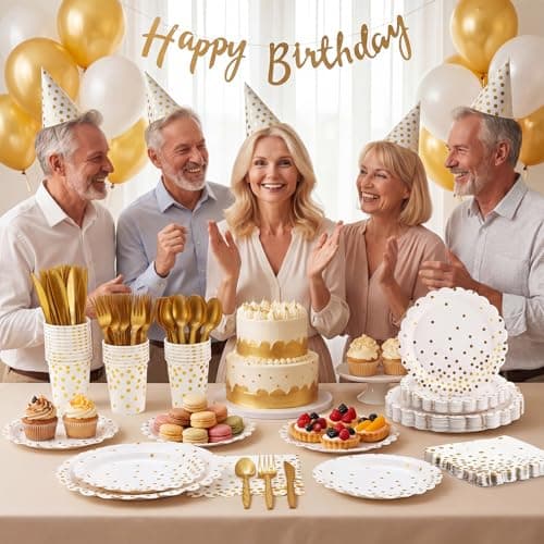 Xiangqu 175 Pcs White and Gold Paper Plates and Napkins, Disposable Gold Party Dinnerware Include Scalloped Party Plates Napkin Cups Plastic Cutlery for Birthday Wedding Graduation Congratulations - Thumbnail 5