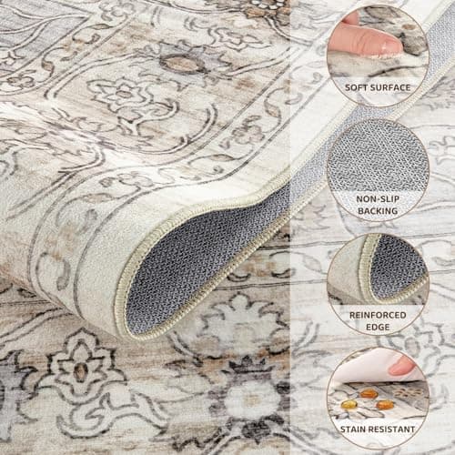 Jessibou Washable 8x10 Area Rug for Living Room & Dining Room - Large Vintage Farmhouse Soft Carpet with Non-Slip Backing, Stain Resistant Low-Pile Indoor Rug for Home Office, Kid & Pet Friendy -Beige - Thumbnail 3