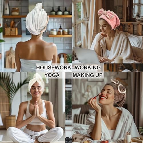 Jseng Microfiber Hair Towel Caps, 3 Packs, Fast Drying, Cute Bowtie Design, Cream, Khaki, Pink, Women & Girls Aged 14 And Above - Thumbnail 3