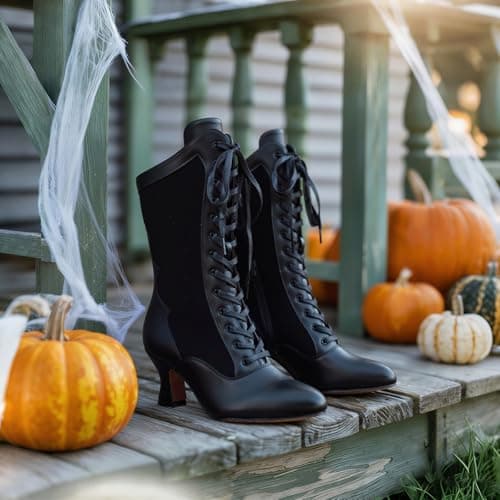 Erocalli Women's Vintage Victorian Boots Winter Mid Calf Lace up Witch Boot - Black, Pointed Toe, Kitten Heel, Halloween, Medieval Costumes, Combat Boots - Thumbnail 5