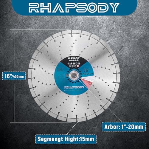 RHAPSODY 16 Inch Laser Welded Diamond Concrete Saw Blade, Segmented Premium Diamond Blade General Purpose Dry/Wet Cutting Concrete, Reinforced Concrete, Masonry, Brick, Block,1"-20mm Arbor - Thumbnail 2