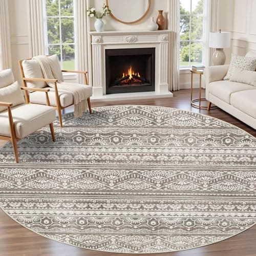 Tortania 4' Round Area Rug Living Room Rugs - Washable Large Soft Neutral Boho Moroccan Bohemian Farmhouse Rug Indoor Floor Carpet for Bedroom Under Dining Table Home Office Decor - Dark Brown - Thumbnail 5