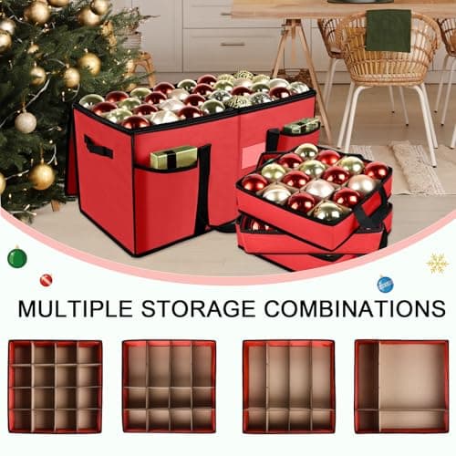 Christmas Ornament Storage Box with Dividers, Christmas Balls Storage Containers with Zipper & 8 Removable Trays, Holds Up to 128 Balls - 600D Oxford Christmas Decoration Storage Organizer (Red) - Thumbnail 5