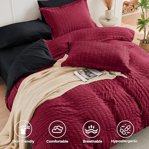 HYMOKEGE Red & Black Queen Comforter Set Seersucker 7 Pieces, All Season Luxury Bed in a Bag for Bedroom, Bedding Set with Comforters, Sheets, Pillowcases & Shams - Thumbnail 3