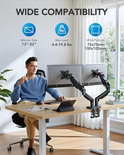 HUANUO FlowLift™ Dual Monitor Stand, Fully Adjustable Gaming Monitor Desk Mount for 13–32″ Computer Screens, Full Motion VESA 75x75/100x100 with C-Clamp & Grommet Base, Each Arm Holds 4.4 to 19.8 lbs - Thumbnail 2