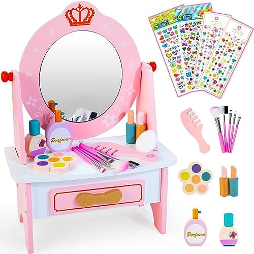 Wooden Vanity Set for Kids, Pretend Play Toddler Makeup Vanity with Acrylic Mirror, Beauty Salon Play Set for Little Girls Age 3+, Toys Gifts Includes Makeup Accessories and Bonus Stickers - Image 1