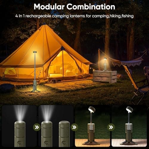 Camping Light Telescopic, Collapsible Tripod Camping Lantern, Rechargeable Camping Lamp with Stand, Dimmable & Portable IPX54 Waterproof Flashlight for Emergency (Military Green) - Thumbnail 4