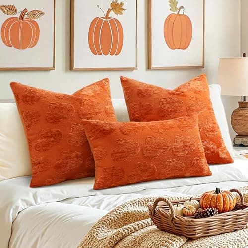 decorUhome Decorative Two Rust Pumpkins Thanksgiving Throw Pillow Covers 20x20 Set of 2, Soft Chenille Jacquard Farmhouse Textured Pillow Covers for Couch Bed Sofa Autumn Harvest Halloween Holiday - Thumbnail 5