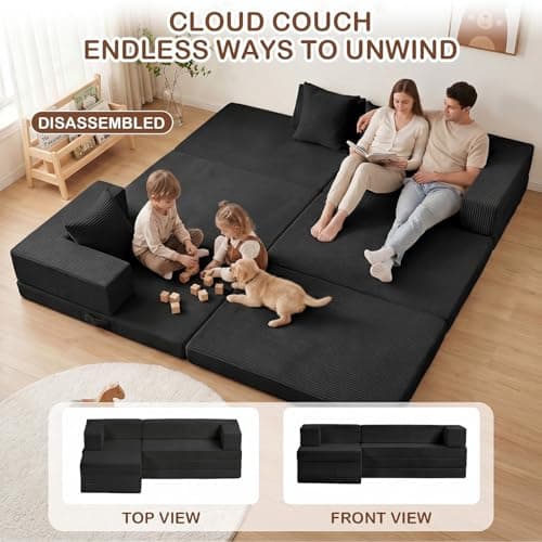 Ziydily Boneless Couches for Living Room, L Shaped Couch with Chaise, 4-in-1 Comfy Corduroy Fluffy Sofas, Flexible Module Combination Compact Room Couch, No Assembly, Black - Thumbnail 6