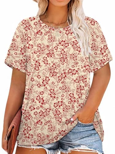 Anbech Women Plus Size Floral Print Tops Short Sleeve Flower Graphic Crewneck Pullove Tunic (Print Red, 2X)
