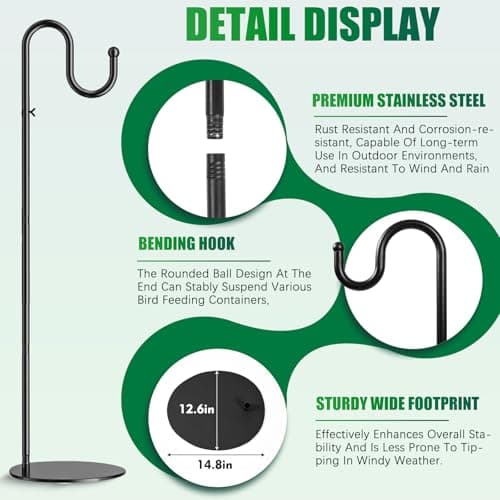 SIECCY 76" Shepherds Hook Stand for Indoor & Outdoor, Heavy Duty Adjustable Plant Hanger with Weighted Base, Bird Feeder Pole for Hanging Plants, Lanterns, Wind Chimes & Wreath - Thumbnail 2