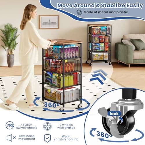 Goovilla Kitchen Cart with Drawers, 4 Tier Metal Rolling Utility Cart Organizer on Lockable Wheels with Wooden Top, Black Fruit Vegetable Storage Rack Also for Cans, Snack, Craft, Art, Office, Beauty - Thumbnail 6