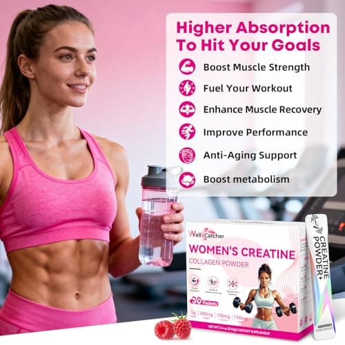 Women‘s Creatine Powder Travel Packets: Creatine Monohydrate Collagen Packs for Pre Workout Muscle Growth & Recovery Skin Elasticity Energy Metabolism with Inositol Beet Root Raspberry Flavor 30 Packs - Thumbnail 3