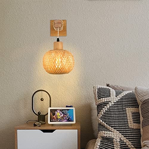 Frideko Bamboo Wall Sconce Lighting - Rattan Wall Lamps for Bedroom, Farmhouse Wall Light with Bamboo Lampshade, Rustic Boho Sconces Light Fixture for Living Room - Thumbnail 2