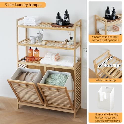 Baveke Bamboo Laundry Hamper with Shelf - 3-Tier Tilt Out Dirty Clothes Basket Organizer, FSC-Certified Moisture Resistant Storage for Bathroom, Bedroom, Laundry Room (Natural, 2 Bags) - Thumbnail 5