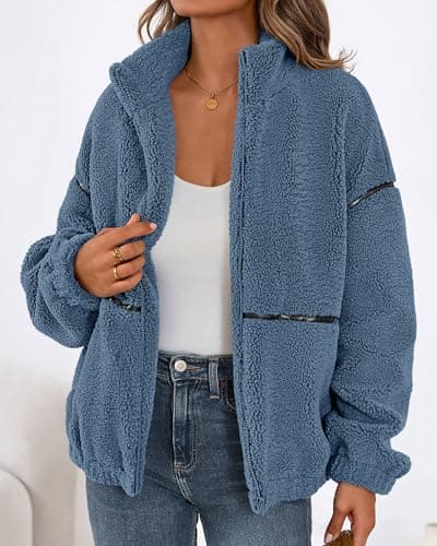 KIRUNDO Sherpa Jacket Women Fleece Oversized Zip Up Winter Coats Fall Jackets Faux Fur Warm Outwear 2026 Fashion Clothing(Dusty Blue, Large) - Thumbnail 4