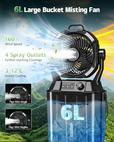 MONISEN Misting Fan for Outside Patios, Rechargeable Battery Operated Mist fan, Camping Mister Fan With Remote, 4 Mist Nozzles, 3 Light Settings, 4 Timers for Fishing/Golf/Garden/Party/Tent/Beach - Thumbnail 2