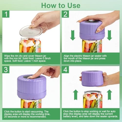 SelePow VP06+ Mason Jar Vacuum Sealer, Electric Vacuum Sealer for Jars with Wide and Regular Mouth Mason Lids, Cordless Handheld Jar Vaccum Sealer for Food Storage, Ideal Present for Mom, Wife, Purple - Thumbnail 6