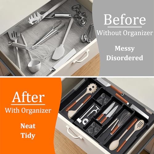Spaclear Large Utensil Drawer Organizer Expandable Silverware Organizer for Kitchen Drawer Adjustable Cooking Utensil Holder Cutlery Flatware Tray Spatula Tools Gadgets Storage Dividers Plastic Black - Thumbnail 4
