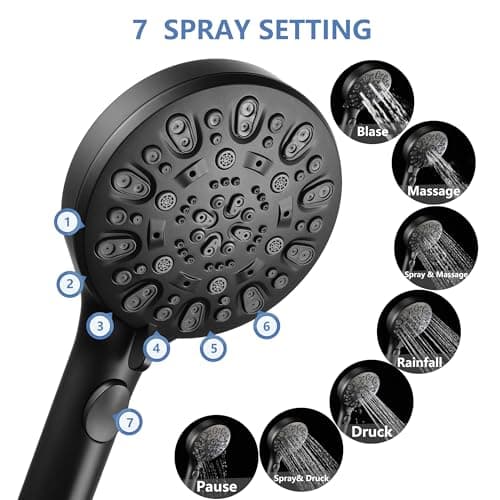 Iopsk 7 Spray Shower Head with Handheld, handheld shower head,detachable shower head with 60" Extra Long Hose & Adjustable Bracket,Showerhead with ON/OFF Switch for Pets Bath. (Matte Black) - Thumbnail 6