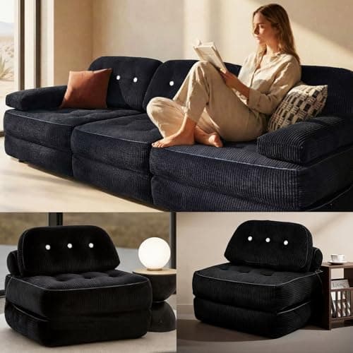 NESLAKO Folding Sofa Bed, Flannel Futon Couch Bed with Pillow and Blanket, Convertible Sleeper Chair for Small Space Apartment Guest Room, Black - Thumbnail 3