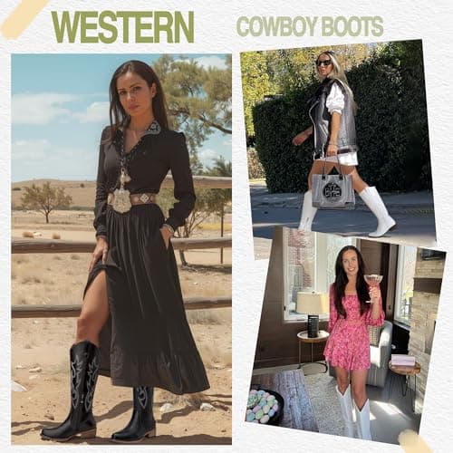 Jeossy Women's White Cowboy Boots Embroided Western Cowgirl Boots Square Toe Knee High Pull on Wide Calf Shoes with Inside Zipper Size 9.5 (DJY9809 white 09.5) - Thumbnail 2
