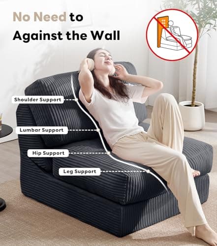 Tbfit 35.8‘’ Oversized Folding Sofa Bed, Convertible Sleeper Chair with Adjustable Back, Corduroy Folding Couch Bed, Portable & Foldable Boneless Floor Sofa for Living Room, Bedroom, Dark Grey - Thumbnail 6