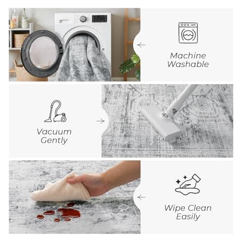 Carpelux 5x7 Washable Area Rugs for Living Room, Soft Faux Wool Carpets for Bedroom Dining Room, Neutral Vintage Distressed Non Slip Stain Resistant Grey White Rug for Home Office Decor - Thumbnail 6