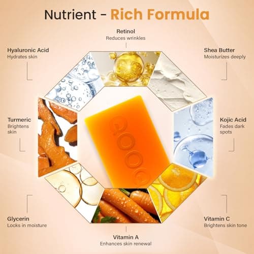 QOOQ Turmeric Kojic Acid Soap for Dark Spots Remover – Facial Cleansing Bar with Vitamin C, Retinol, Collagen, Vitamin E, Glycerin, Shea Butter & Castile Olive Oil – Soap for Women & Men (120g x 2) - Thumbnail 4