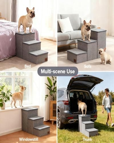 Dog Stairs with Storage, 3-Step Pet Stairs for Small & Medium Dogs and Cats, Dog Steps for Bed, Detachable & Reconfigurable Design, Anti-Slip Steps, Sturdy 132lbs Support, Ideal for Bed, Sofa & Window - Thumbnail 5