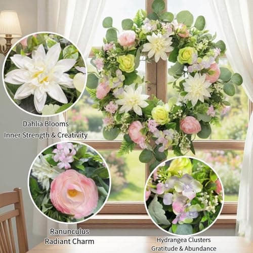 24" Pink and Green Rose Wreath - Artificial Mixed Floral Wreath with White Dahlia & Hydrangea - Spring Summer Welcome Sign for Front Door, Boho Farmhouse Porch Decor - Thumbnail 4