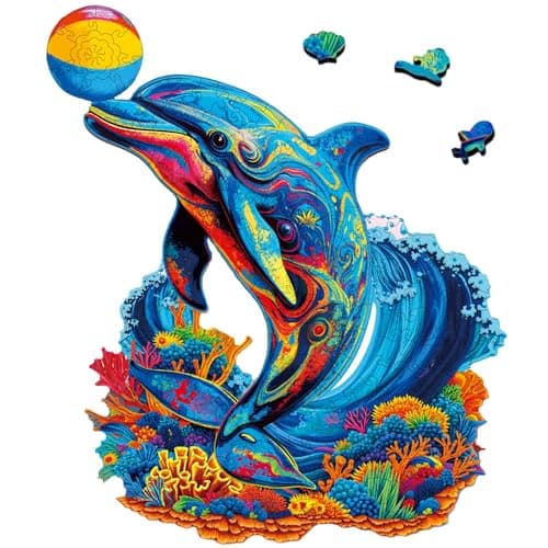Wooden Puzzles for Adults, Playful Dolphin Wooden Jigsaw Puzzle 200 Pieces, Irregular Animal Shaped Wood Cut Puzzle, Great Gift Idea for Kids 8+ Friends Family Puzzle Lovers Home Decor10.9 * 9.3in