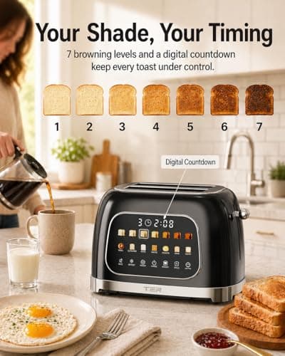 Toaster 2 Slice, Touch Screen Wide Slot Retro Toaster for Bagel & Thick Breads, Stainless Steel Smart Digital Toasters, 7 Bread Modes & 7 Browning Levels, Mute Mode, Memory, Defrost & Reheat, Black - Thumbnail 5