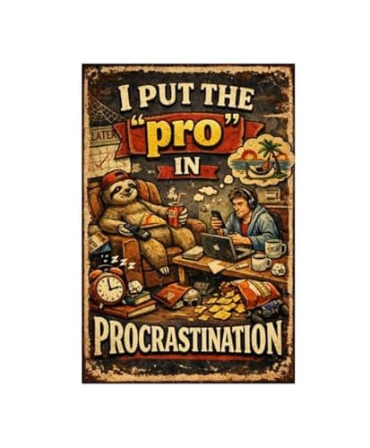 I Put The Pro In Procrastination Metal Tin Sign Vintage Funny Wall Decor Retro Humor Quote Lazy Sloth Couch Office Home Art 8x12 Inch Hanging Plaque - Image 1
