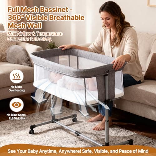 Cheermomo Baby Bassinet, 2 in 1 Bassinet Bedside Sleeper with Wheels, Stable and Secure Bedside Bassinets for Newborn Infant, 5 Height Adjustable Baby Crib, Breathable Full Mesh & Mattress, Grey - Thumbnail 4