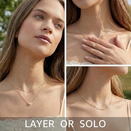 MTMY Dainty Layered Heart Necklace for Women, 14K Gold Plated CZ Love Heart Pendant Choker Necklace with Adjustable Chain Jewelry Gift(beaded) - Thumbnail 6