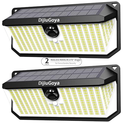 DijiuGoya Solar Security Lights Outdoor, 466 LED 4000Lm Ultra Bright, 270° Wide Motion Sensor, IP68 Waterproof, 3 Modes Dusk-to-Dawn Solar Flood Light for Driveway Fence Garden Garage, 2-Pack