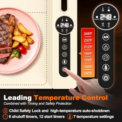 MUALIK Warming Mat for Food, Roll-UP Fast Heating Silicone with 6 Level Temperature, 2 Zone and 3 Pad Parallel Expansion, Automatic On-Off Timer Setting - Thumbnail 2