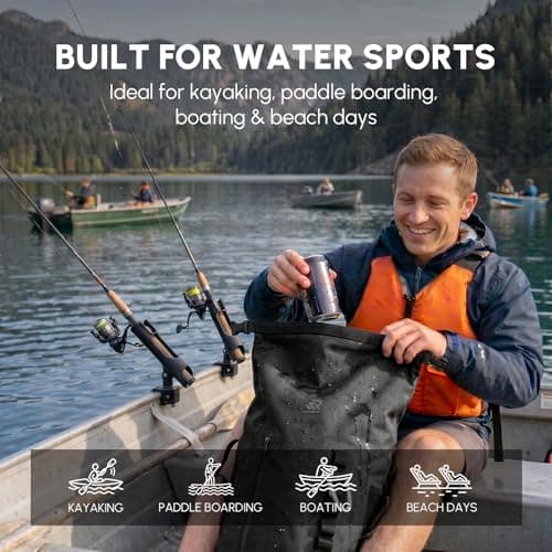 RIVONOVA Roll Top Closure Cooler Backpack for Dad Kayaking Beach Paddle Boarding Watersports, Premium 24 Hours Insulated Leak Proof Zipperless Soft Cooler for Men for Fishing, 35L Black - Thumbnail 4