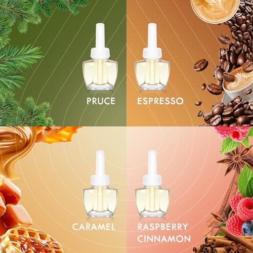 Plug In Air Freshener Refills 12 Pack – Spruce, Caramel, Espresso & Raspberry Cinnamon Scents – Adjustable Fragrance for Home & Bathrooms – Compatible with Air Wick & Glade, Not Include Glade Plus - Thumbnail 5
