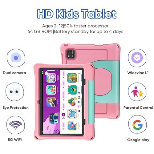 10 inch Kids Tablet, Android 16 Tablet for Kid, Octa-Core Processor, 24GB RAM, 64GB ROM 1TF Card Expandable for Toddler Children,Tablets with Case, Parental Control, 6000mAh,WiFi, BT5.0 (Pink) - Thumbnail 3