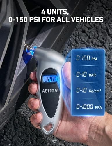 AstroAI Digital Tire Pressure Gauge 0-150PSI Calibrated to ANSI B40.7 +/-1PSI, Accurate in 0.1 Increments, 4 Units for Car Truck Bicycle with Backlight LCD, Silver - Thumbnail 3