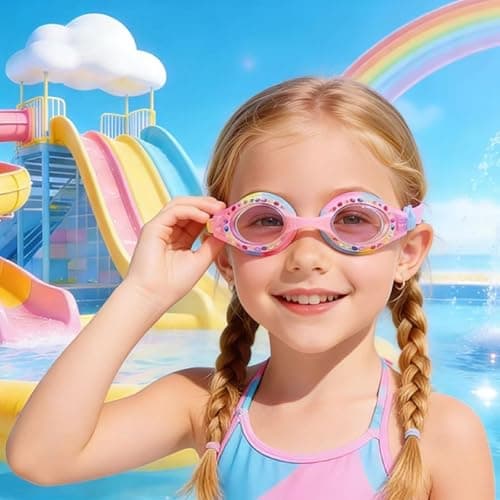 YUENREE Kids Swim Goggles for Girls Ages 4-12 | Rainbow Bling Rhinestone Pink | No Leak Anti-Fog UV Protection | with Premium Hard Case - Thumbnail 2