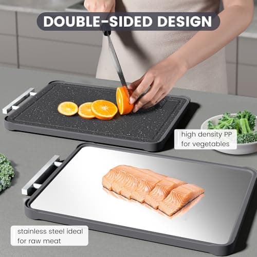 Kikcoin 17"×11" 304 Stainless Steel Cutting Boards for Kitchen, Dishwasher Safe Food Grade PP Double Sided Cutting Board, Extra Large Non-Toxic Chopping Board for Meat, Cheese & Charcuterie, Black - Thumbnail 2