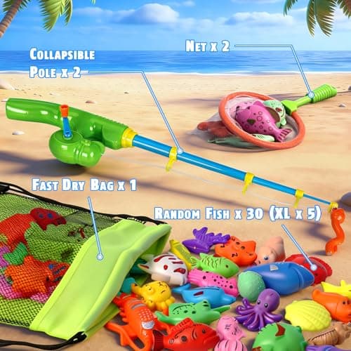 CozyBomB™ Magnetic Fishing Toys Game Set for Kids | Water Table Bathtub Kiddie Pool Party Pole Rod Net, Outdoor Plastic Floating Fish, Toddler Bath Color Ocean Sea Animals Easter Gift Age 3-5 6 4-8 - Thumbnail 2