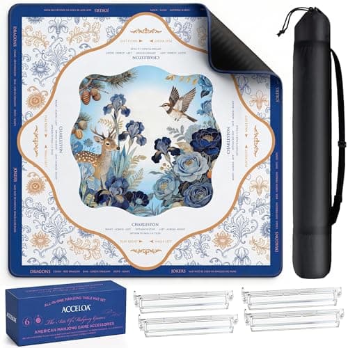 American Mahjong Mat and Racks Set with Rules – 31.5" x 31.5" Waterproof Neoprene Mahjong Mat, 4 Clear Acrylic Racks with Carrying Bag, Premium Gift Box (Blue Deer)