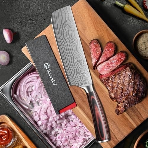 Sunnecko Japanese Nakiri Knife 7 Inch - 15° Edge Carbon Steel Chef Knife Full Tang Forged Blade Vegetable Cleaver with Sheath, Kitchen Gift for Home Cooks & Pros, Father's Day Box - Thumbnail 3