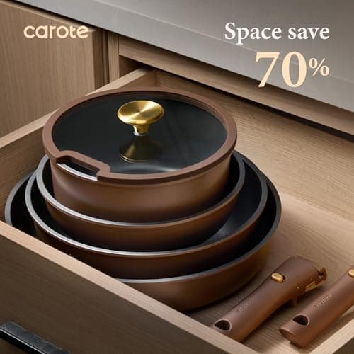 CAROTE 21pcs Pots and Pans Set, Nonstick Cookware Set Detachable Handle, Induction Kitchen Cookware Sets Non Stick with Removable Handle, RV Cookware Set, Oven Safe, Brown - Thumbnail 5