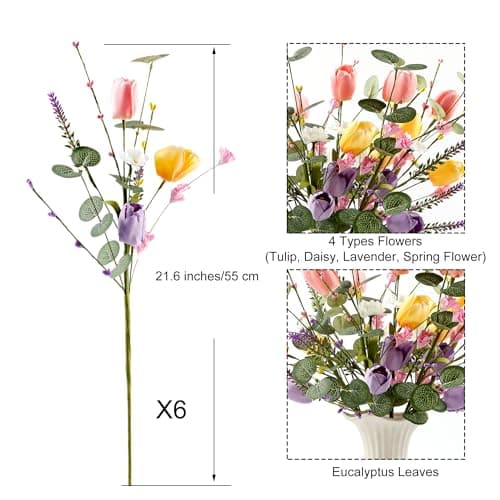 Acfruits 6 Pcs Wildflowers Artificial Flowers Daisies and Tulips Faux Wildflowers Spring Flowers Artificial for Decoration Spring Silk Floral Arrangement Table Centerpieces Home - Thumbnail 3